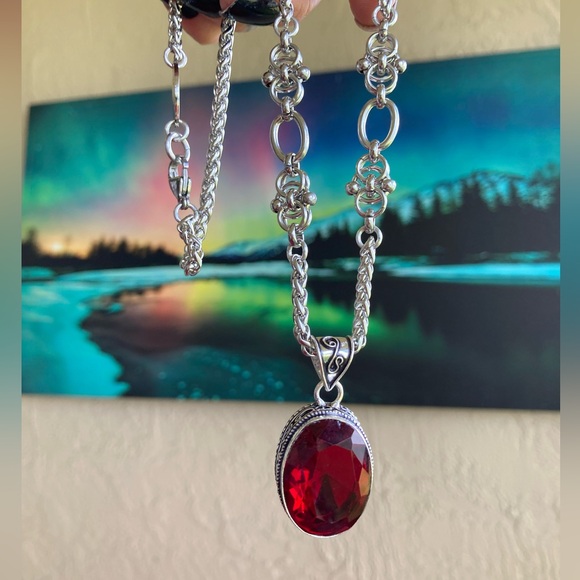 925 sterling silver overlay charm red garnet cz stone stainless steel necklace - Picture 12 of 16